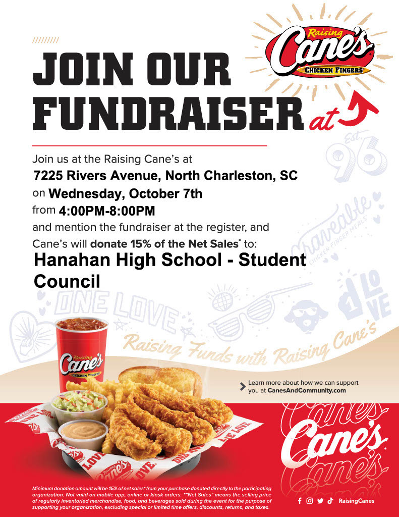A flyer for a fundraiser with a meal, a drink, and text on a red and white background.