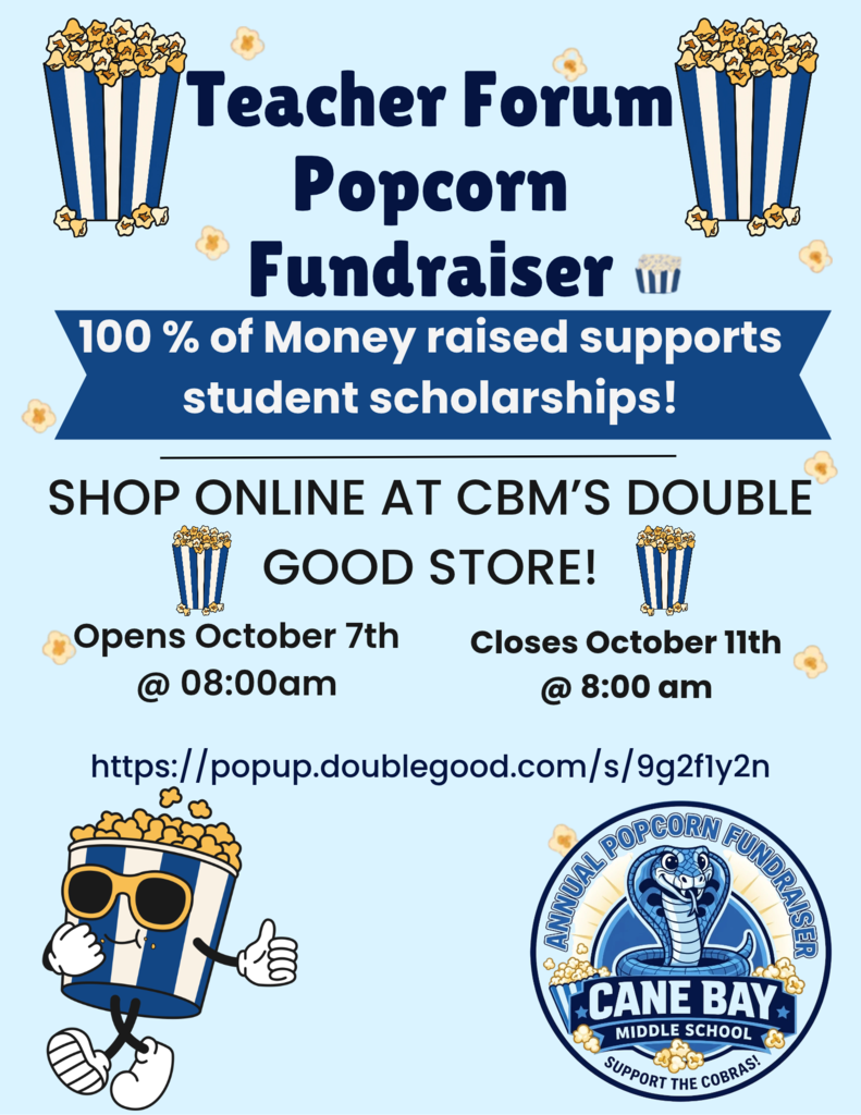 Blue background with popcorn and text. Blue and white popcorn tubs at top. Blue ribbon with white text. Blue logo at bottom.