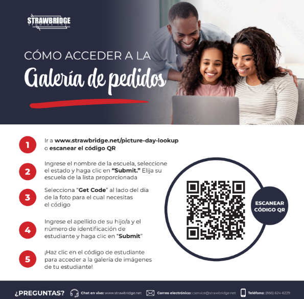 Advertisement for accessing a gallery of pictures. It features a family, with text in Spanish and a QR code.