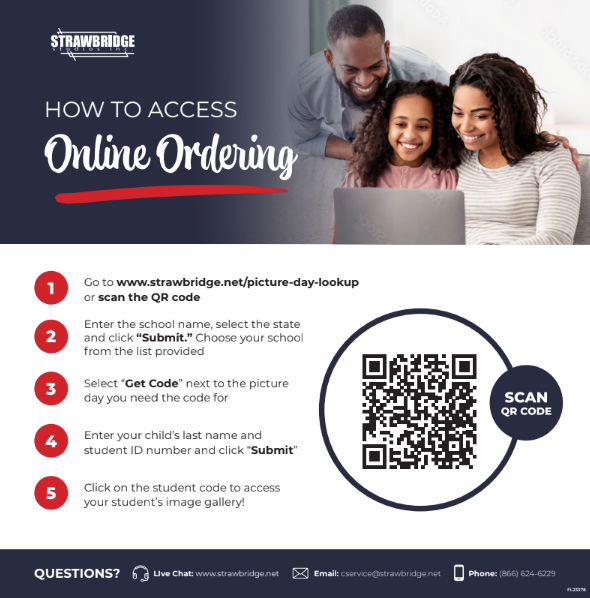 An advertisement with a family and a laptop shows five steps to access online ordering. A QR code is visible.