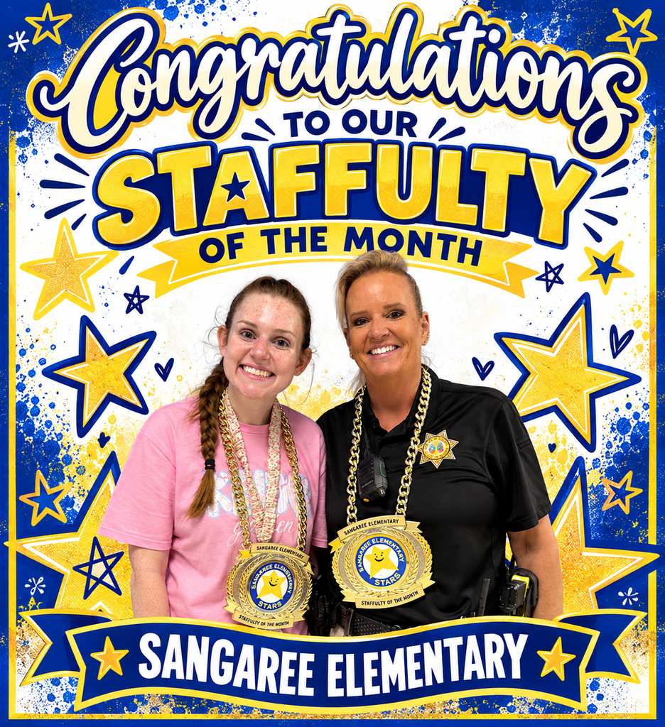 Two women smiling for a picture, one in a pink shirt, the other in a black shirt. Both wear gold medallions. Text reads "Congratulations to our Staffulty of the Month"