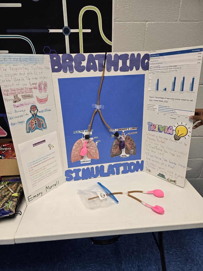 Display with a blue background shows a diagram of lungs and breathing with text "Breathing Simulation." Props like a plastic lung and stethoscope on a white table.