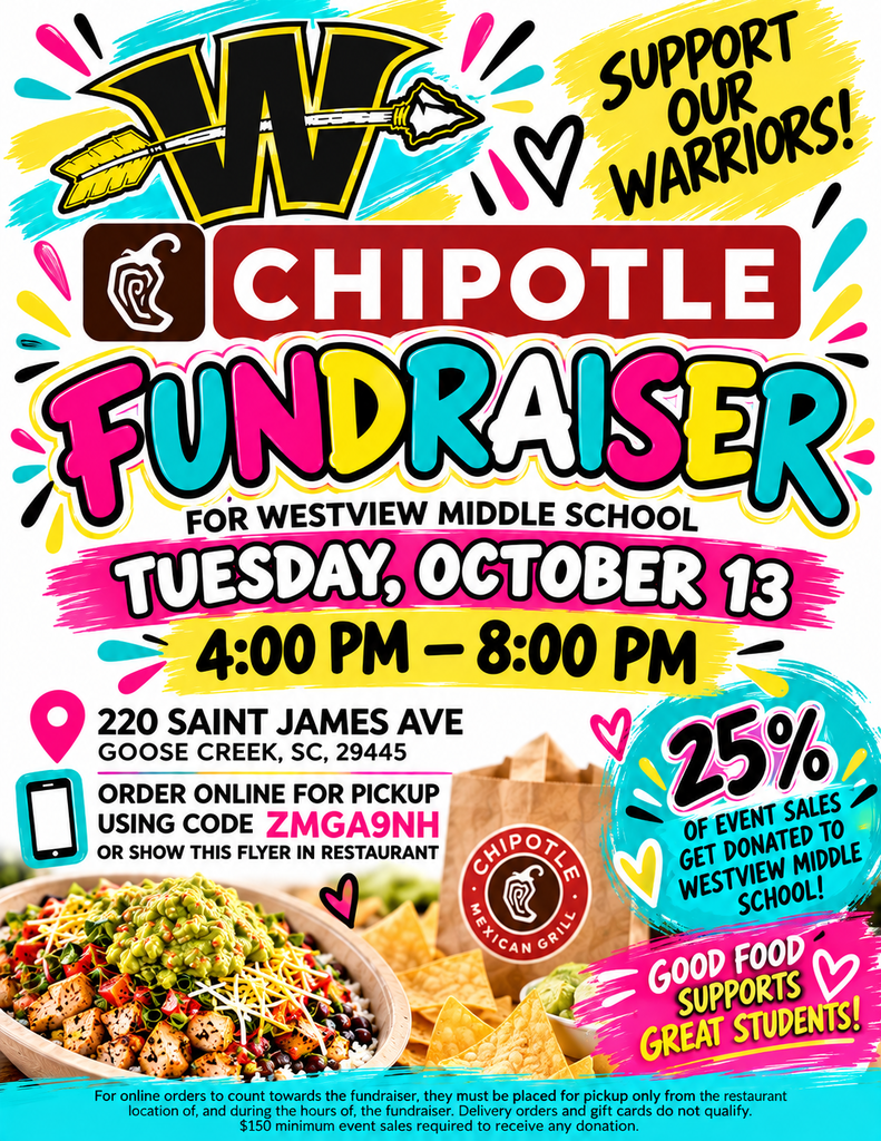 Poster for a Chipotle fundraiser with a vibrant design, featuring details like location, date, time, and order code.