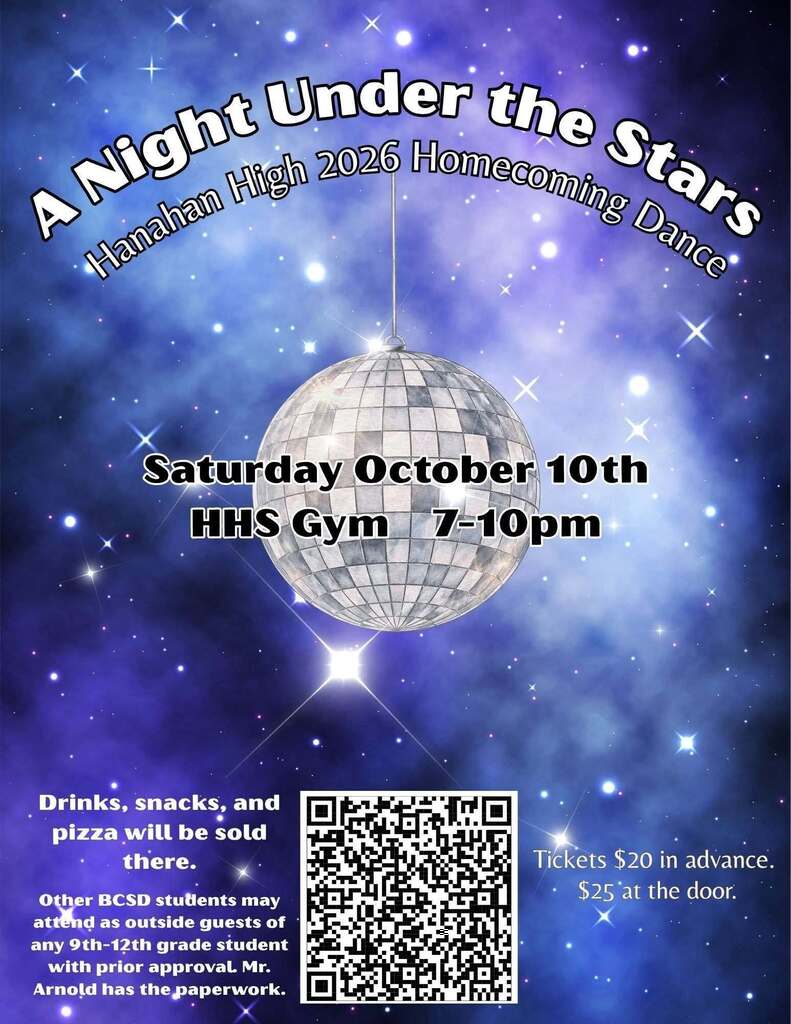 A poster announces "A Night Under the Stars 2026 Homecoming Dance" with a disco ball image, QR code, and text.
