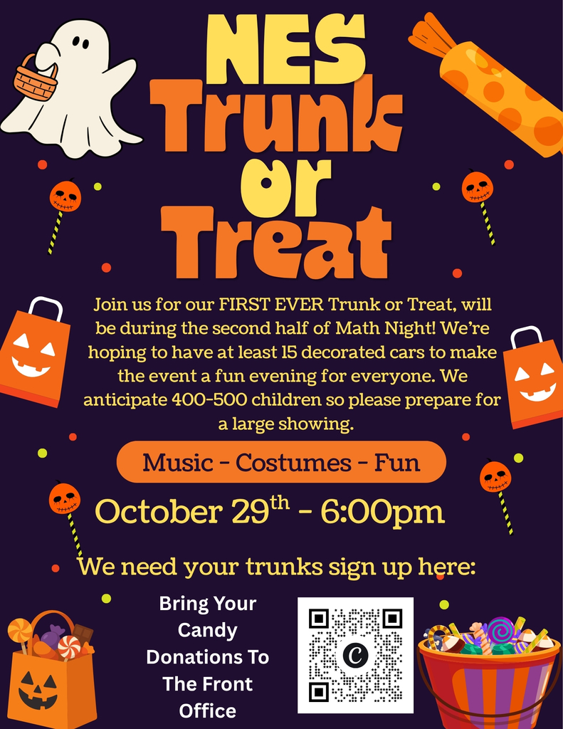 Poster for NES Trunk or Treat event on October 29th, featuring pumpkins, candy, a QR code, and a ghost.