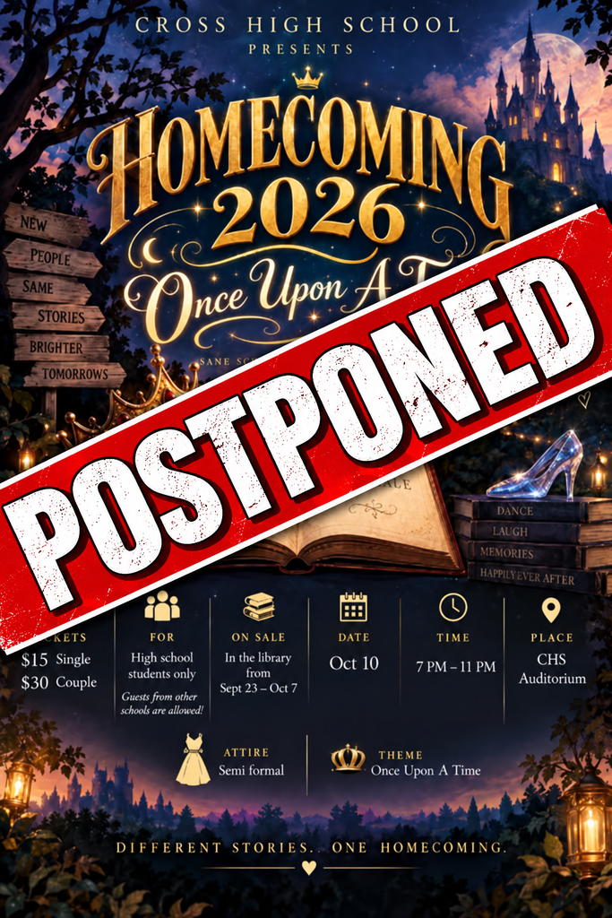 Poster with a castle background says "Homecoming 2026 Once Upon a Time" with a red stamp that reads "POSTPONED".