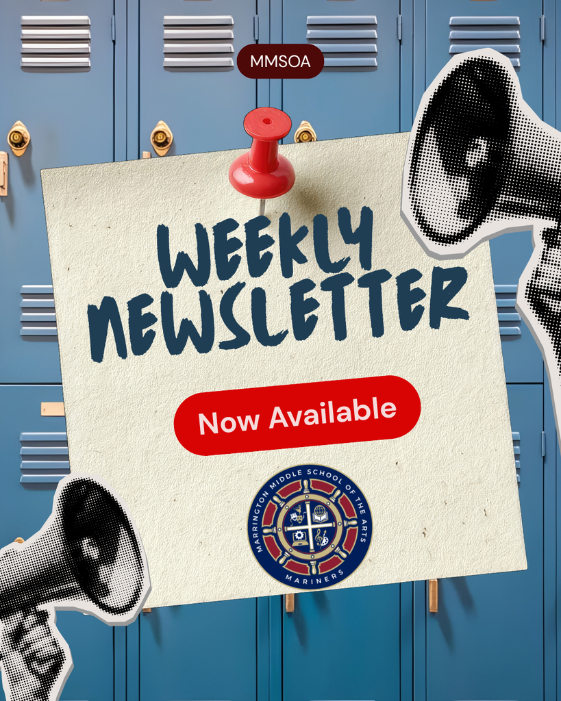 A bulletin board shows a paper pinned to lockers. It says "Weekly Newsletter Now Available" with an emblem below.