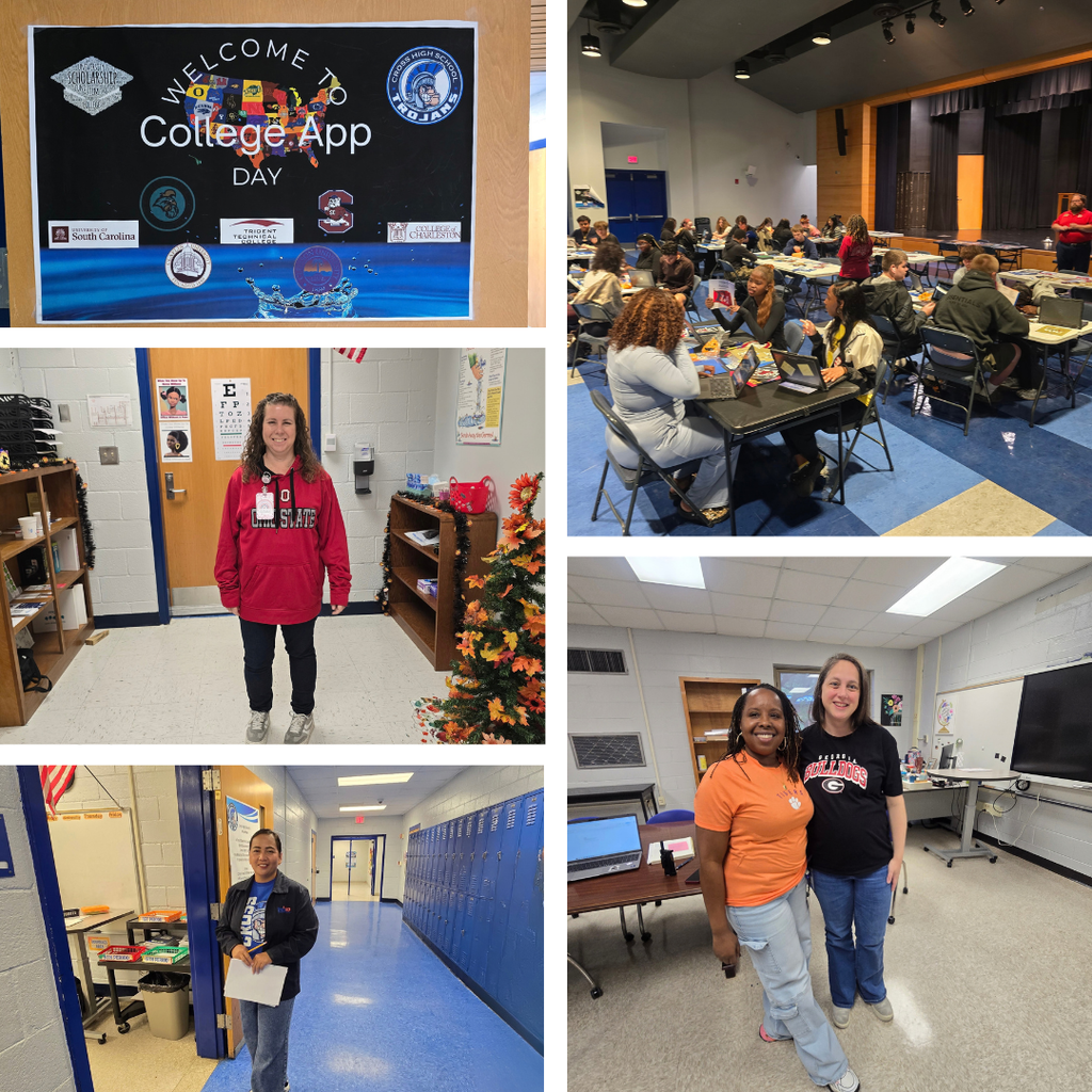 Four photos depict college app day: sign, hallway, woman with a badge, students in a classroom, and two women in orange and black.
