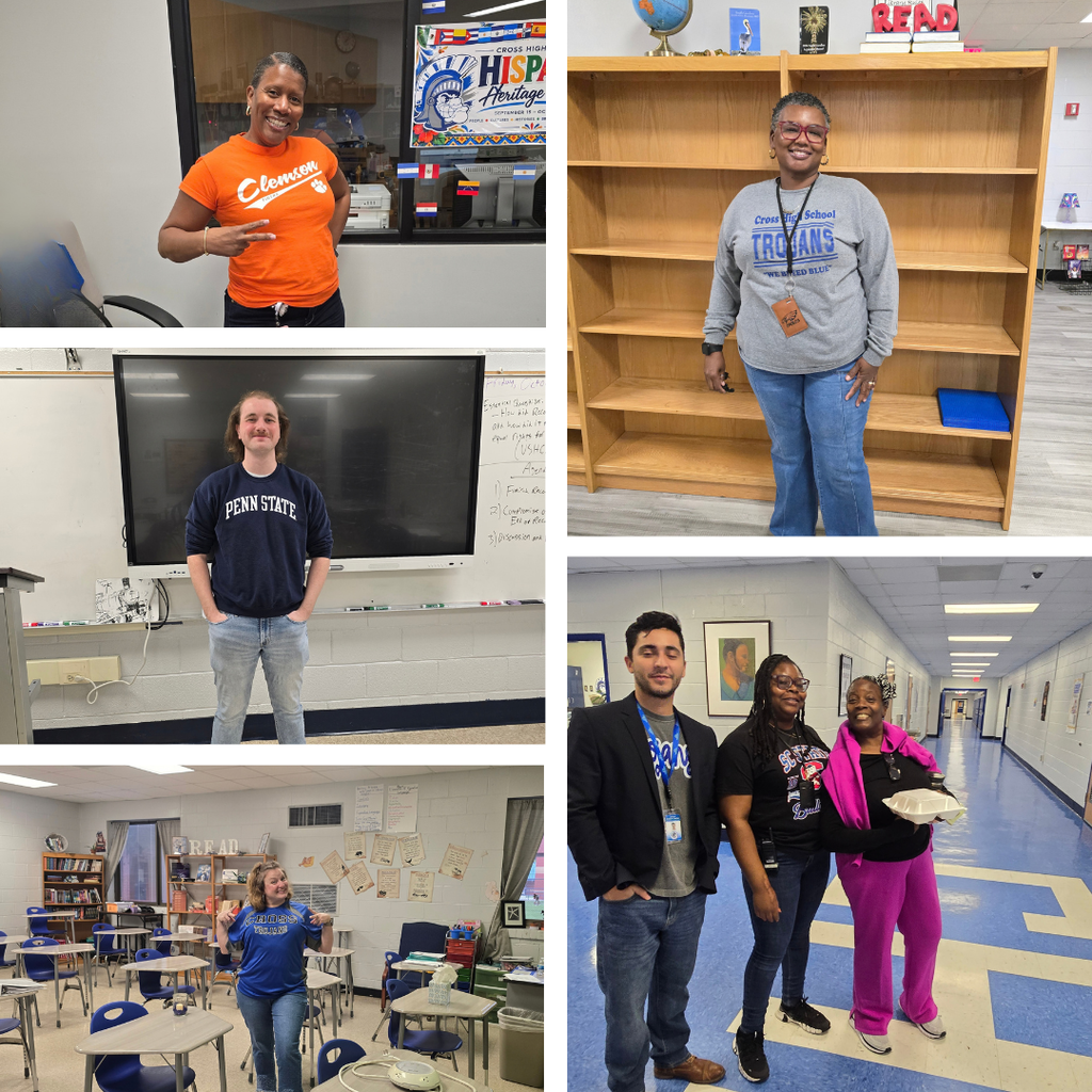 Four images: one adult woman in orange, another in gray, two people in classroom, and three in a hallway.