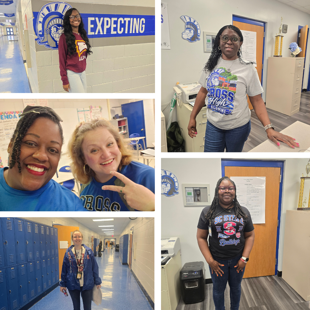Four women in a collage smiling in school hallways and classrooms, one showing a peace sign.