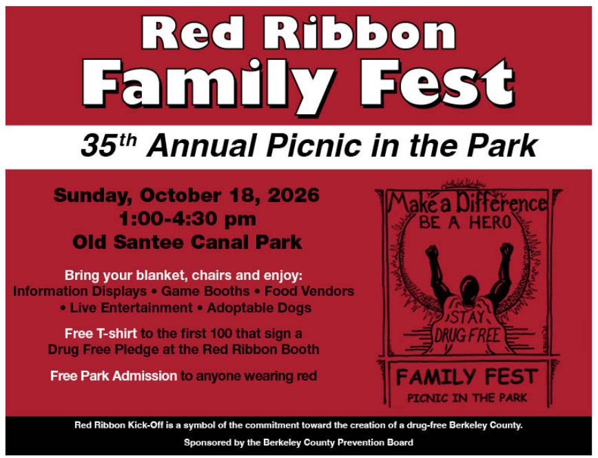 Poster promoting the Red Ribbon Family Fest, with red, black, and white text. Features the date, time, and location of the event.