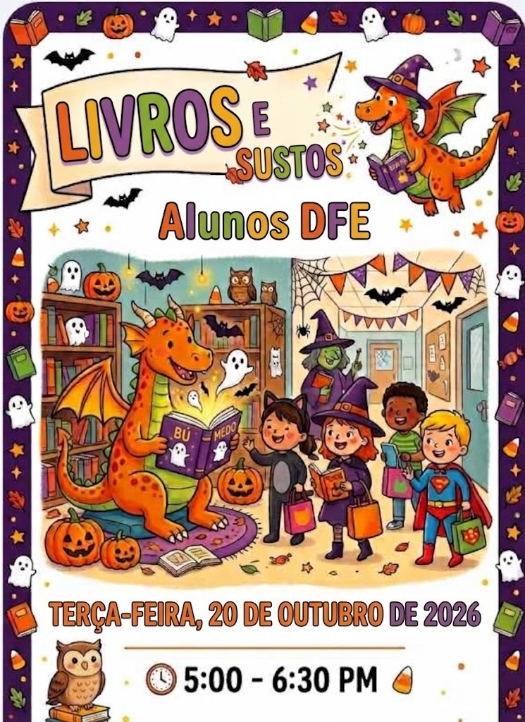 A colorful poster with children and a dragon, themed around reading and Halloween. It has pumpkins, a witch's hat, and books.