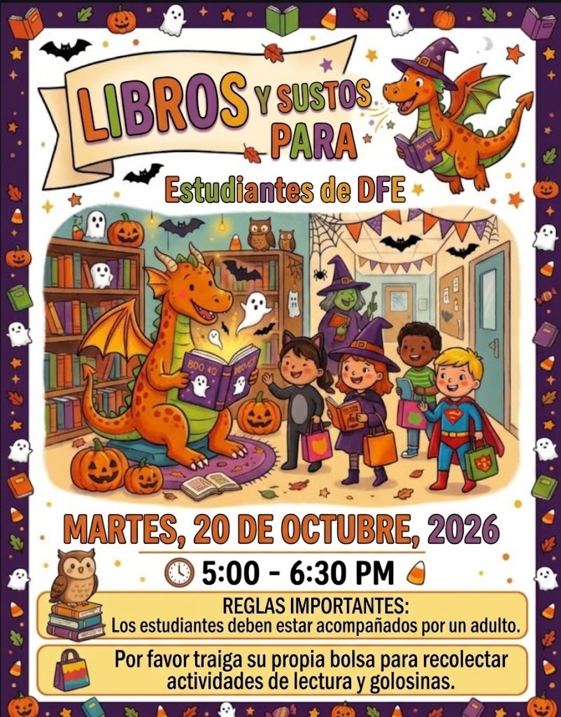 Poster features children in costumes reading with a dragon. Date: October 20, 2026, time: 5:00 - 6:30 PM. Includes rules and activity information.