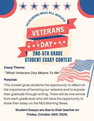 Poster for Veterans Day essay contest. Features a ribbon, stars, and flag. Essay theme: "What Veterans Day Means To Me."