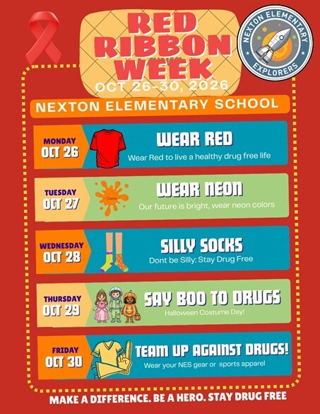 Red poster with "Red Ribbon Week" text. Dates and activities listed, including wearing red, neon, silly socks, and Halloween costumes.