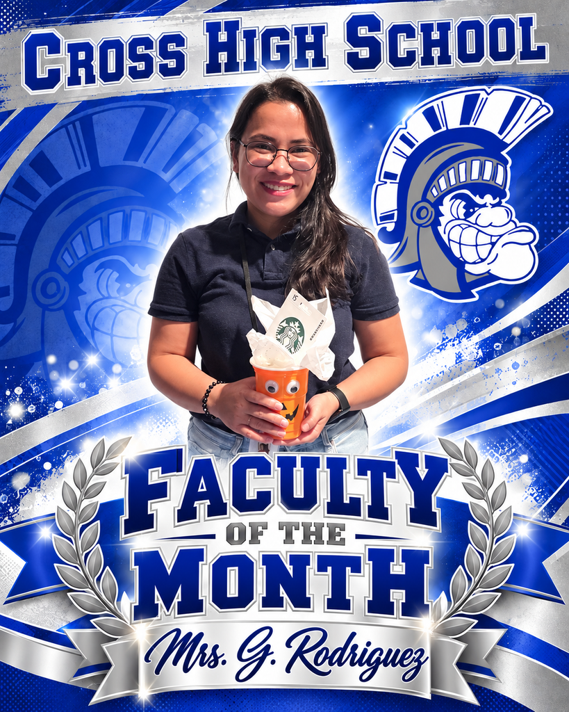 An image of a woman standing and smiling, holding a cup with the Cross High School logo.