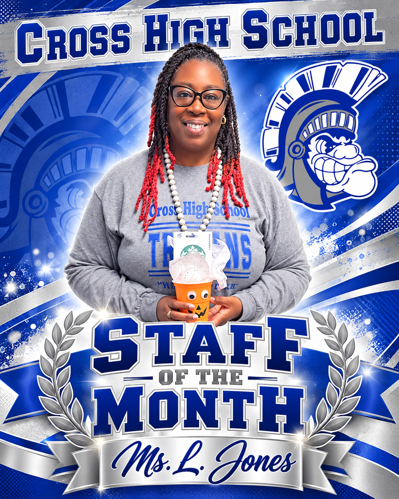 A poster with a blue and white background displays "Staff of the Month" with "Ms. L. Jones" at the bottom.