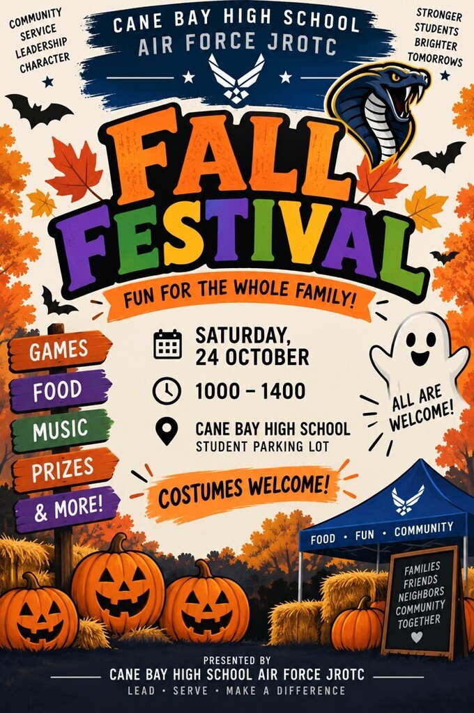 An event poster for a Fall Festival featuring pumpkins, bats, a ghost, and a snake. Text includes "Fall Festival", "Fun for the Whole Family!" and "Costumes Welcome!".