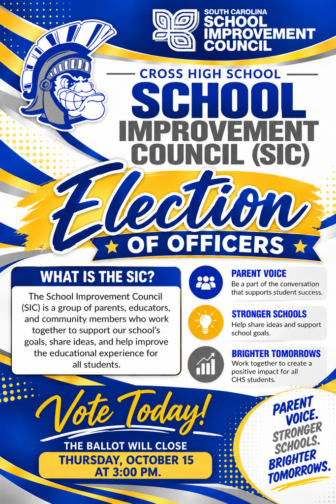A poster advertises the Cross High School Improvement Council Election of Officers. It features icons and text explaining the council's role and purpose.