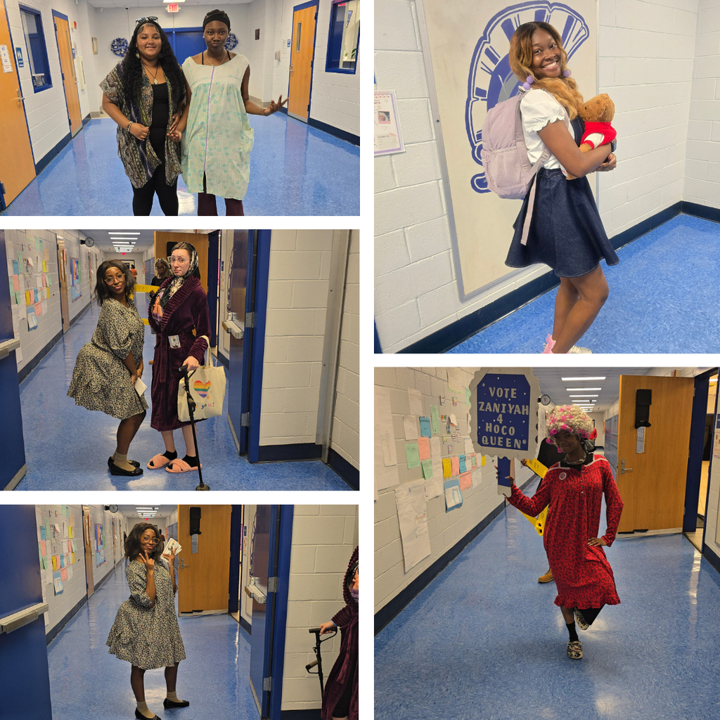 Four photos of people in a school hallway wearing various costumes. One holds a stuffed animal.