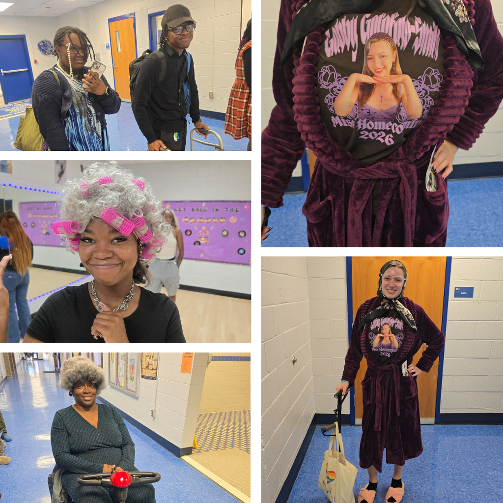 Collage of four individuals in different settings. One with a curly wig, another in a robe, and two others in costumes.