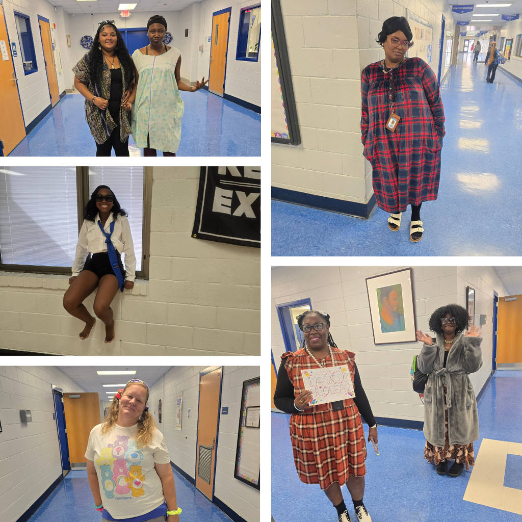 Four photos show people in a hallway with blue floors. Each photo features different individuals in various attire.