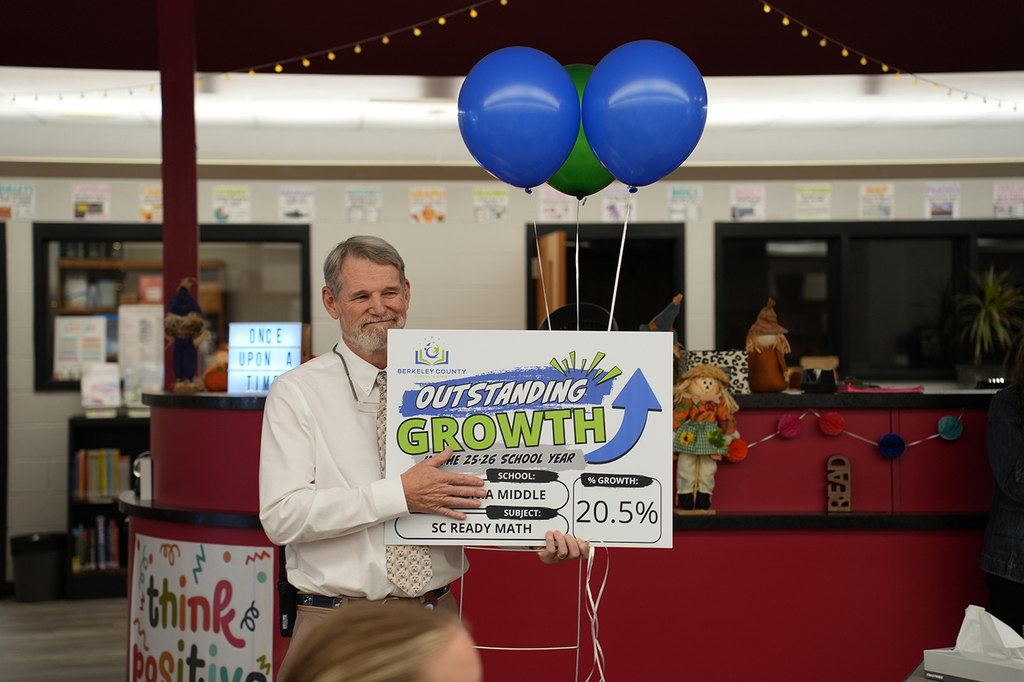 A man holding a large sign with blue and green balloons behind him in a library.