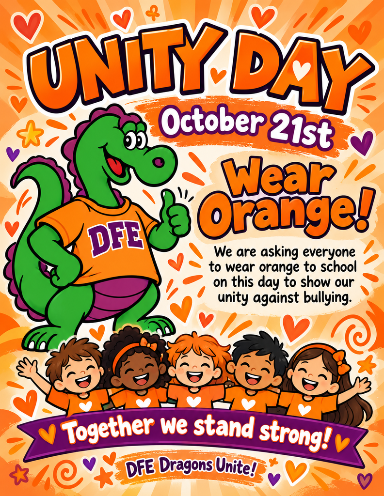 A poster with a dragon wearing an orange shirt with "DFE" on it, surrounded by smiling children, and a message encouraging wearing orange against bullying.