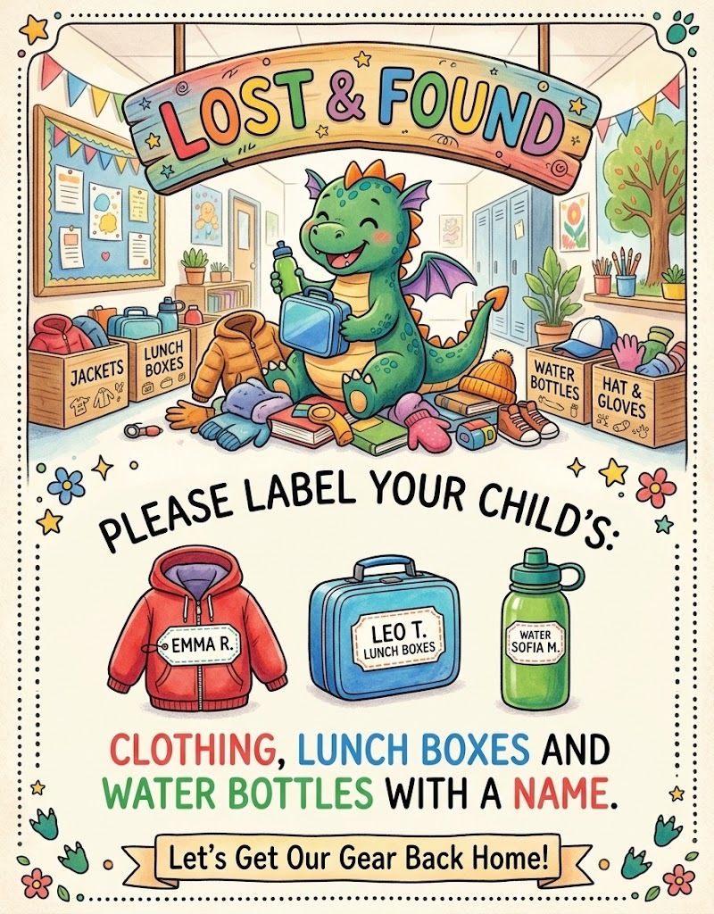 A poster featuring a dragon with items like clothing, lunch boxes, and water bottles. It says "Please label your child's: clothing, lunch boxes, and water bottles with a name."