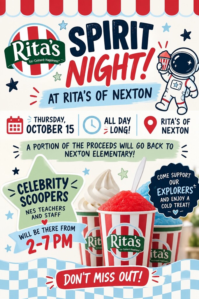 A flyer for Rita's Spirit Night at Rita's of Nexton. It shows three cups of frozen treats, a spaceman, and text.