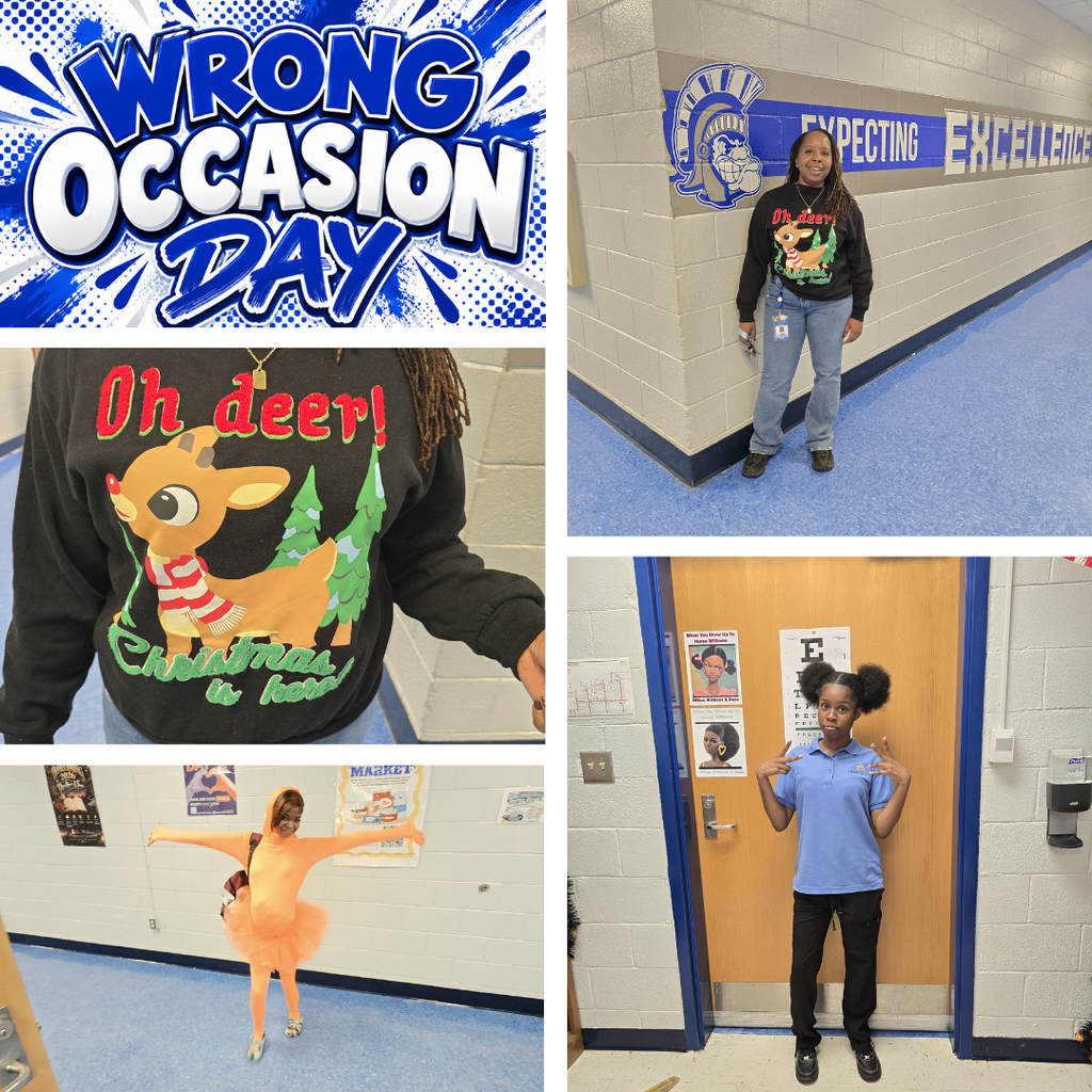 Four images show students in various settings. A person in a holiday sweater. A student in front of a wall with a banner. A dancer in a tutu. A student by a door.