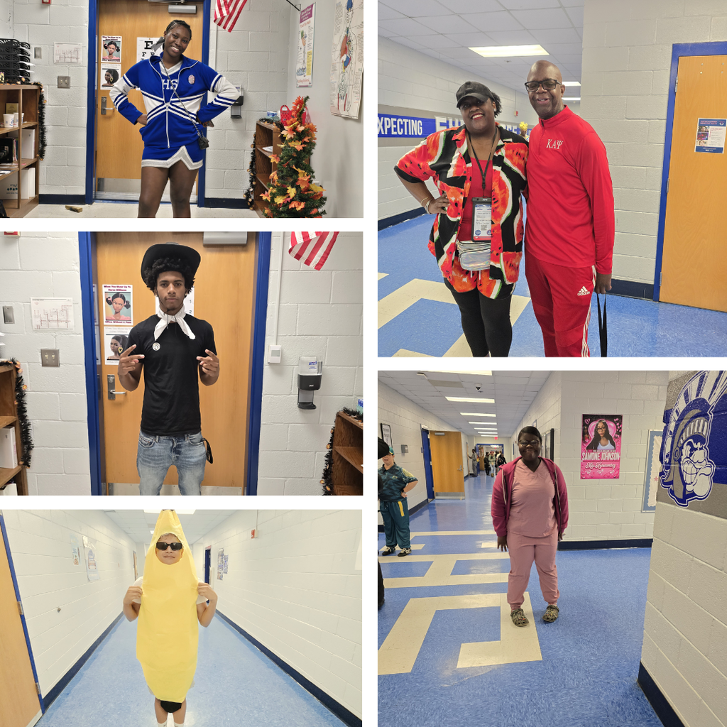 Collage of four images showing people in various costumes in a school corridor and hallway.