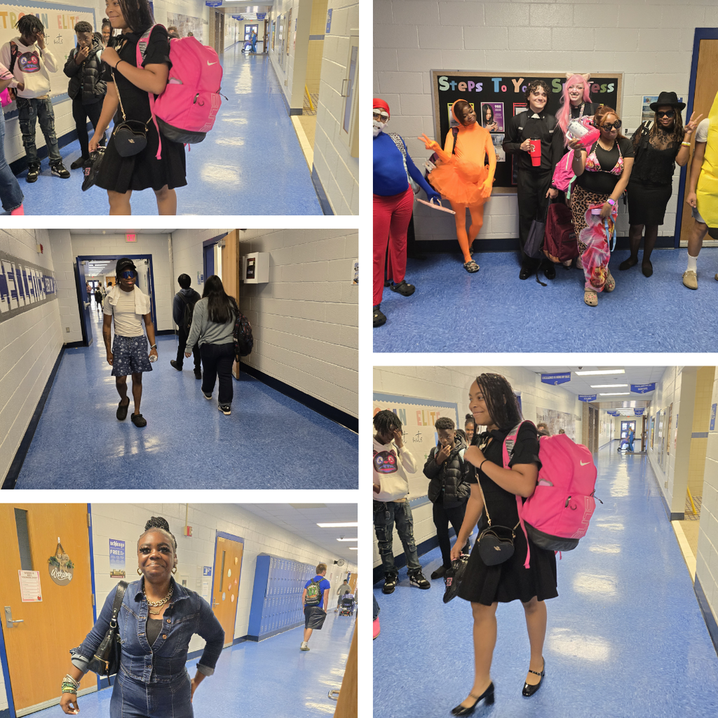 Four images of people in school hallways. One shows a group with costumes. Another shows a woman with a pink backpack.