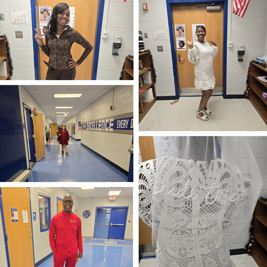 Four collage images show people in a hallway and classroom. A woman in brown, a woman in white, a man in red, and a white lace dress.