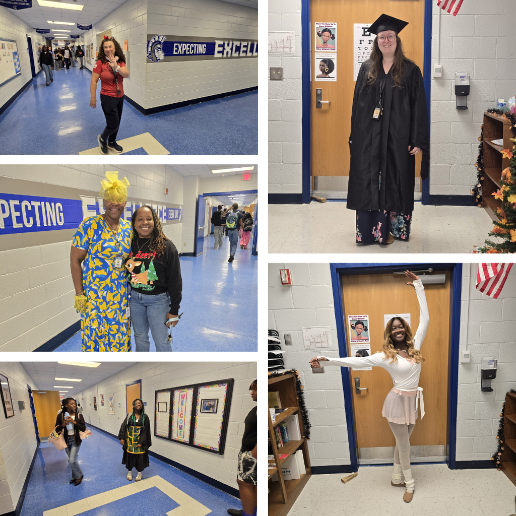 A collage of four images showing individuals in a school hallway and a classroom. One person wears a graduation gown.