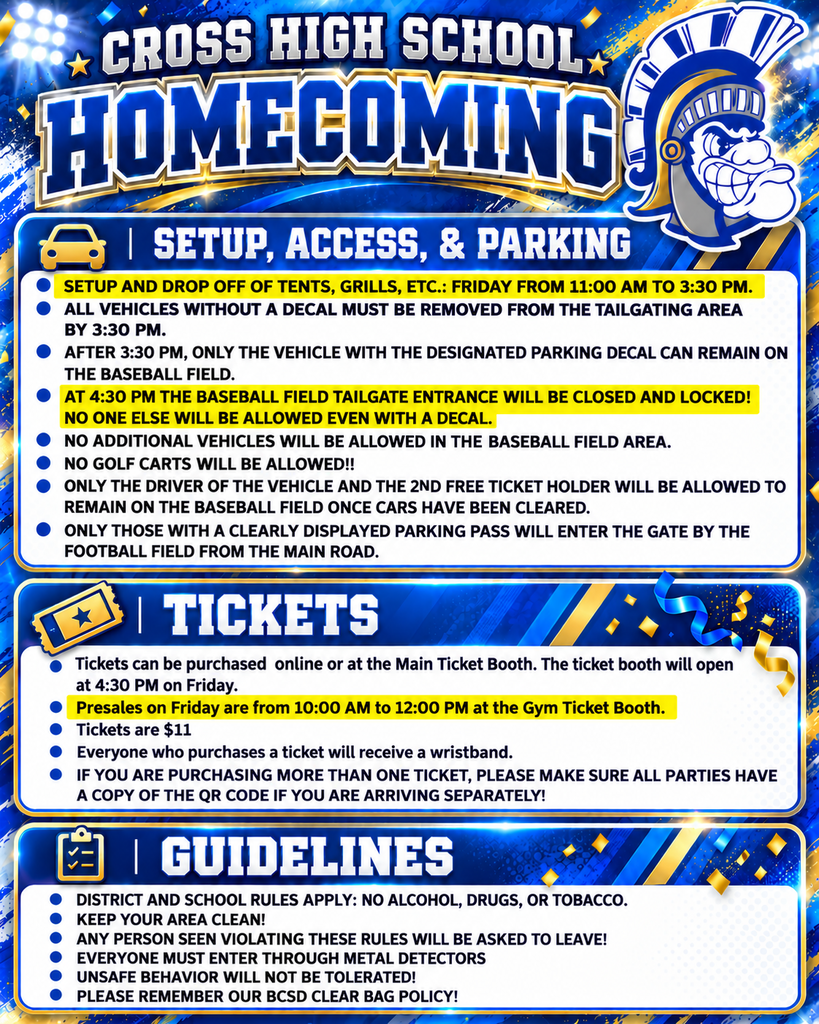 Blue and white text on a dark background with headings "Setup, Access, & Parking" and "Tickets." Guidelines include no alcohol or drugs.