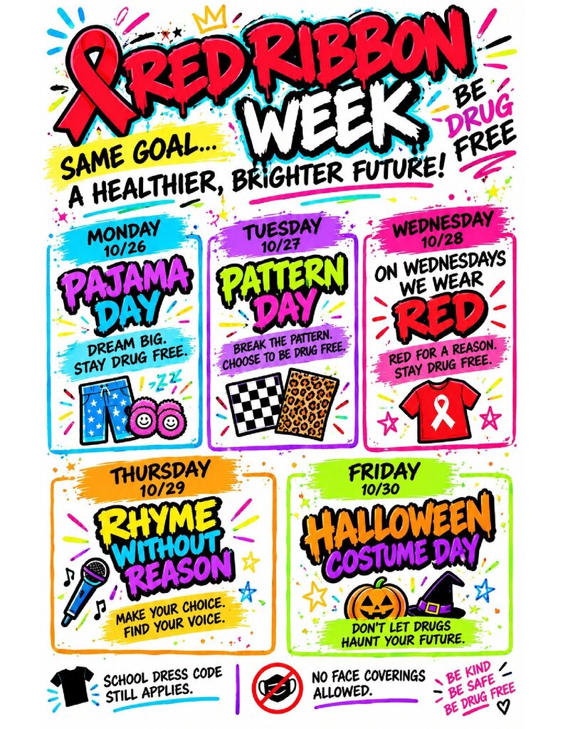 Poster with colorful text. It has a list of events. It has the title "RED RIBBON WEEK".