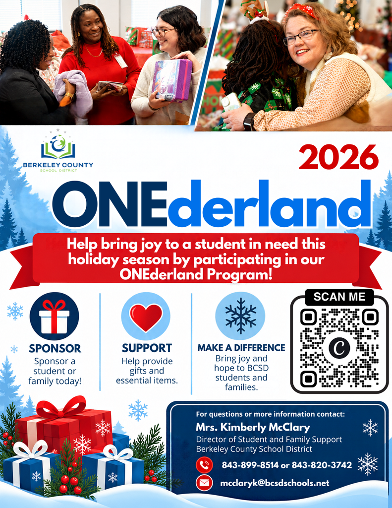 Holiday ad for 2026 ONEderland with people and gifts. QR code. Contact information at bottom.