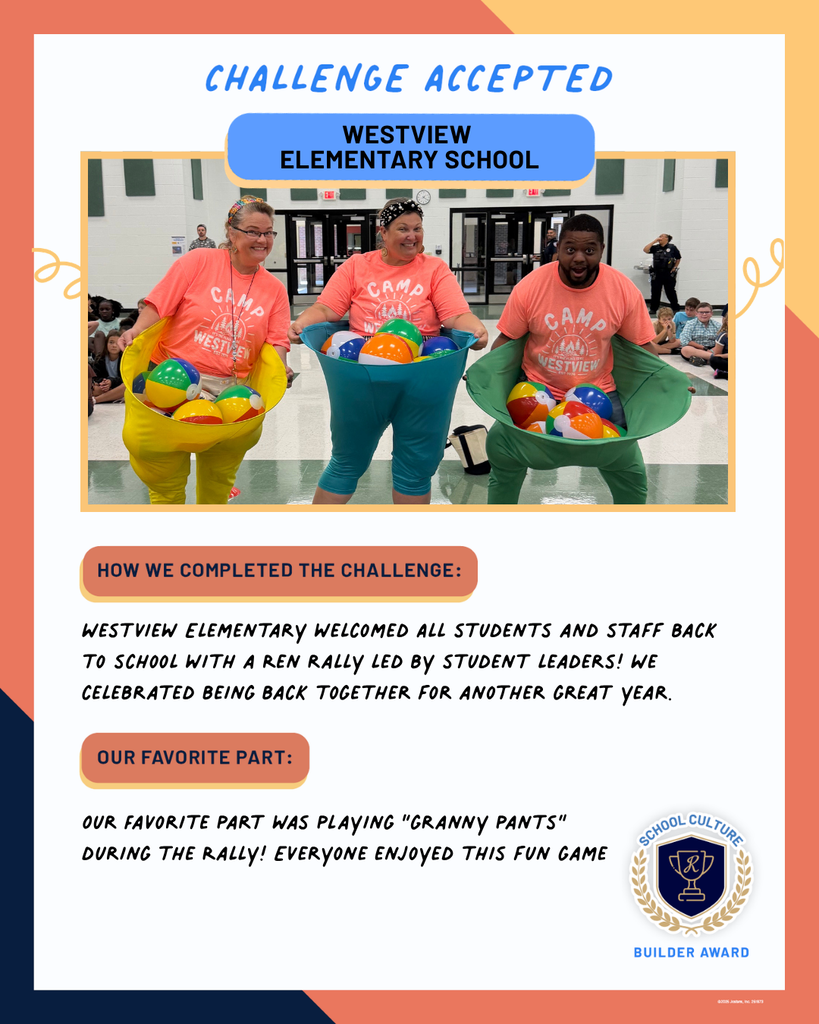 A banner displays three people in matching pink shirts wearing giant pants filled with beach balls. A text overlay states, "Challenge Accepted" with "Westview Elementary School" beneath it.
