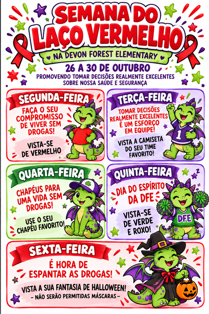 An educational poster for Semana do Laco Vermelho with six colorful turtles, each representing a day. Background is plain.