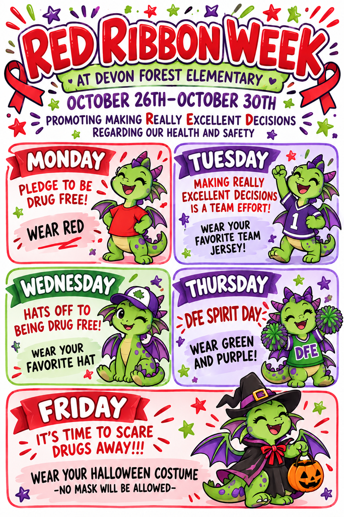 A poster with different activities planned for Red Ribbon Week. It includes the date, activities, and themed dress days.