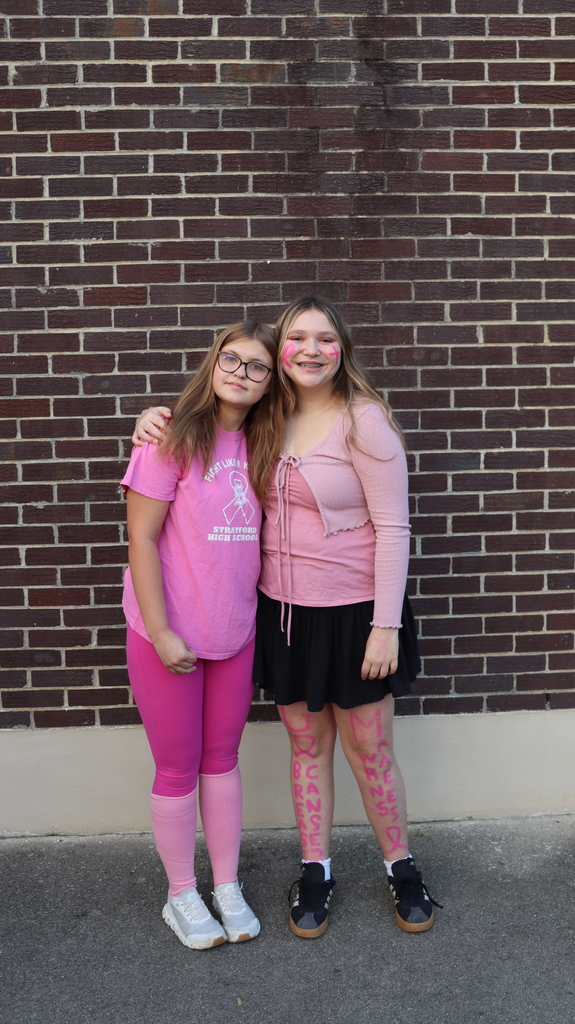Two young females in pink clothing with pink face paint stand next to a brick wall.