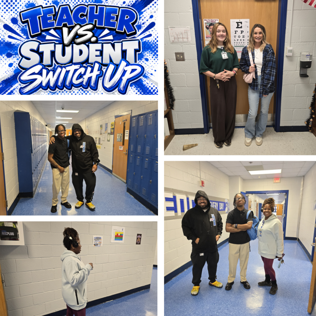 Four images of school hallways with blue lockers. Two teachers and two students in each image.