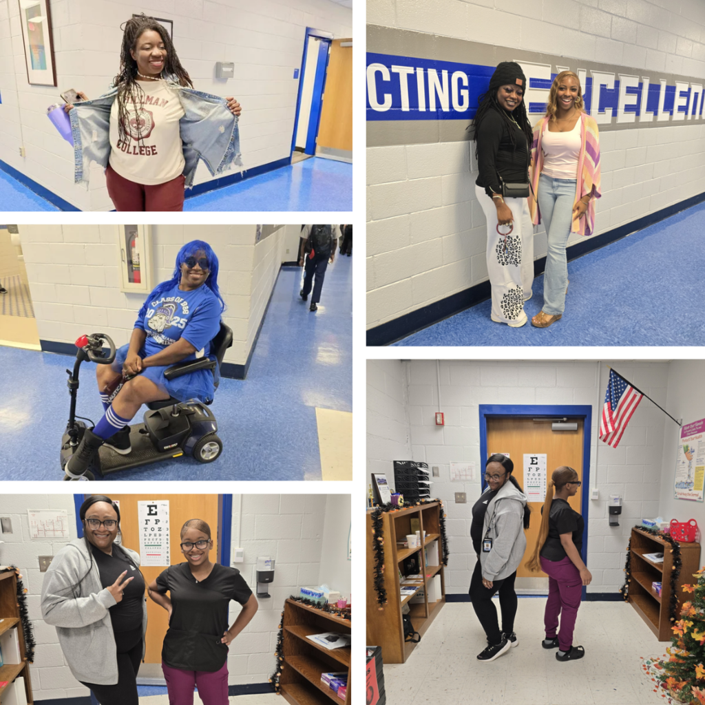 Four images of adults in school building. One adult on scooter, another holds shirt, and two stand by door.