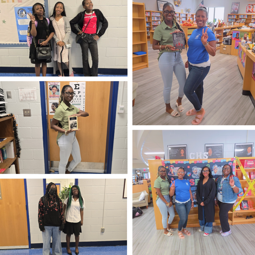 Collage of five photos showing students in different areas of a school. One photo shows three students in front of a bulletin board.