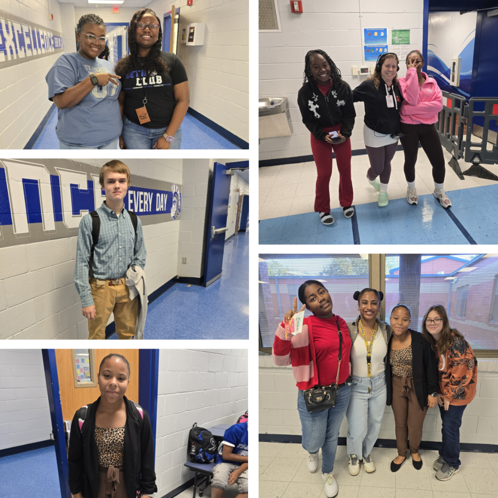 Four images of students and staff in a school hallway and entrance area. Two students pose with an adult.