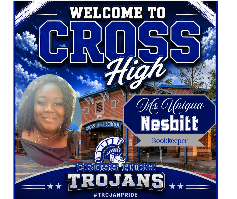 Poster advertising Cross High School, featuring a woman and school logo with "Welcome to Cross High" and Ms. Nesbitt's name.
