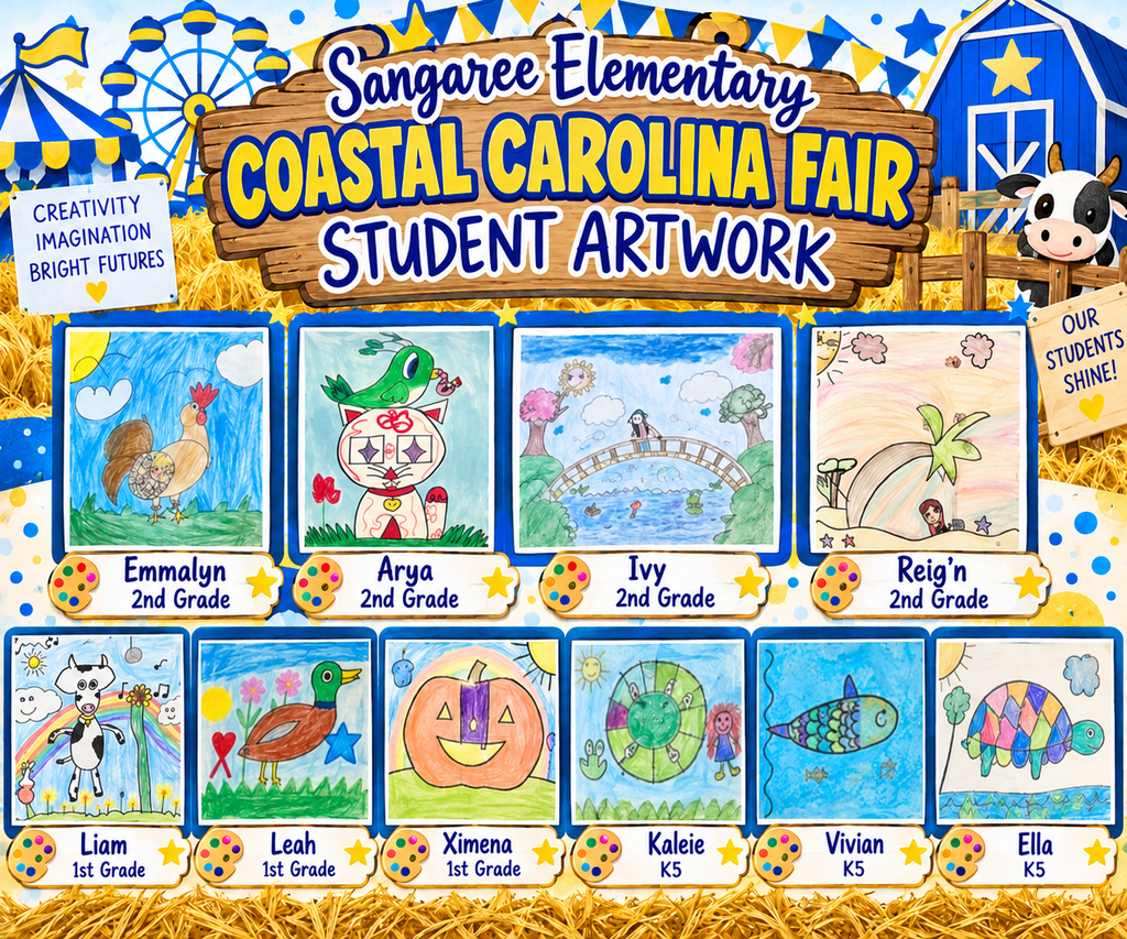 A banner with school artwork features drawings of animals, pumpkins, and landscapes. The banner reads "Sangaree Elementary Coastal Carolina Fair Student Artwork".