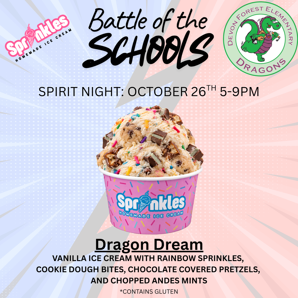 Banner with colorful background shows ice cream with toppings. Text reads "Dragon Dream" and "Battle of the Schools".