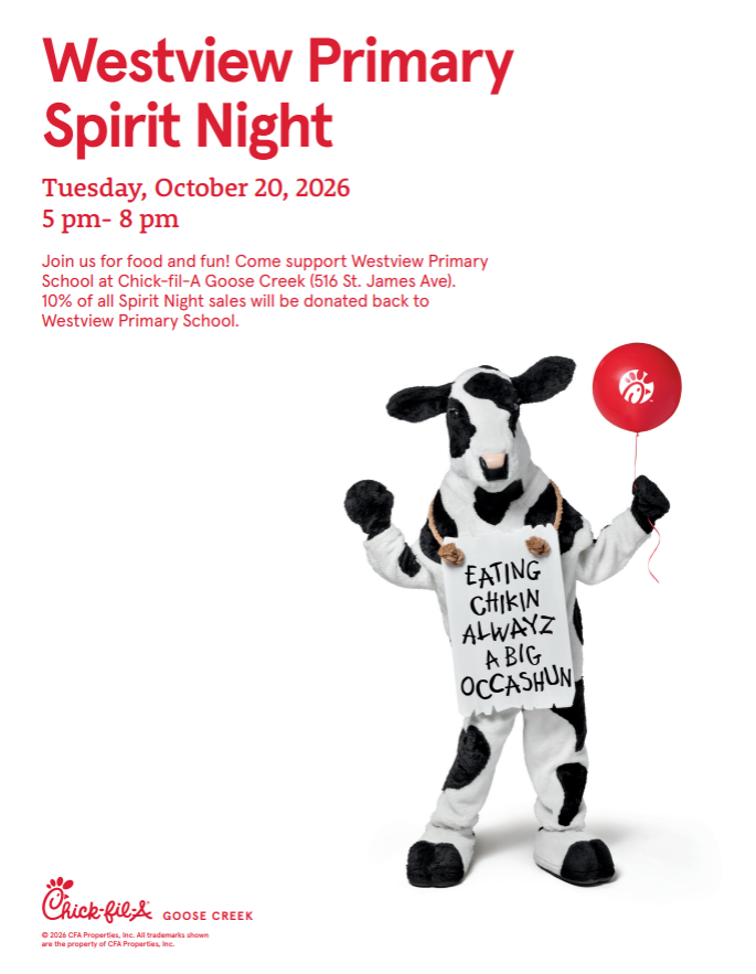 Poster for Spirit Night at Westview Primary. A mascot holds a red balloon.